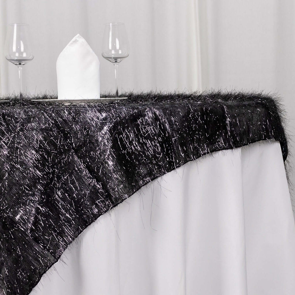Polyester 72"x72" Table Overlay Square Tablecloth Black - Metallic Fringe Shag Tinsel Table Cover - Bell Racket Store