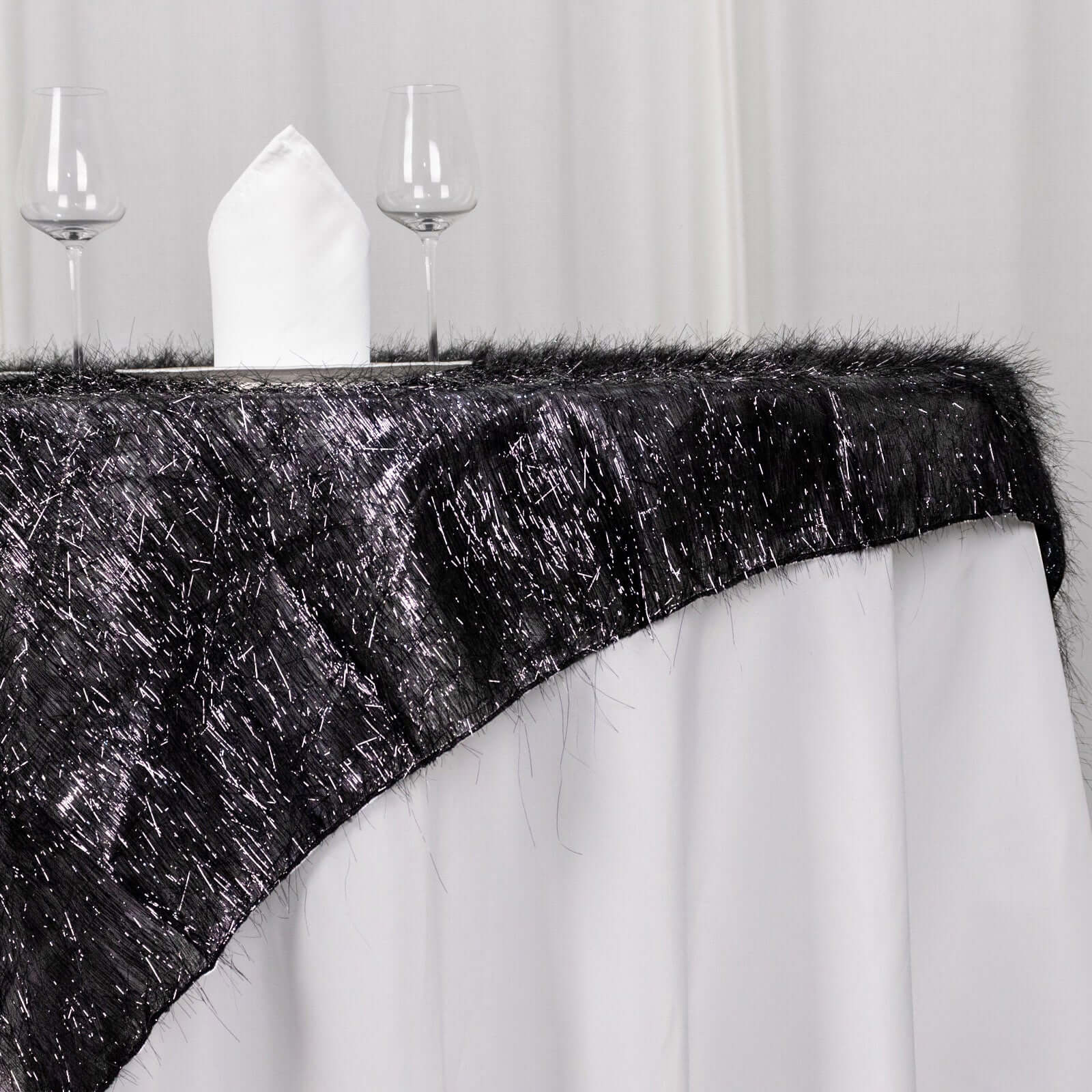 Polyester 72"x72" Table Overlay Square Tablecloth Black - Metallic Fringe Shag Tinsel Table Cover - Bell Racket Store
