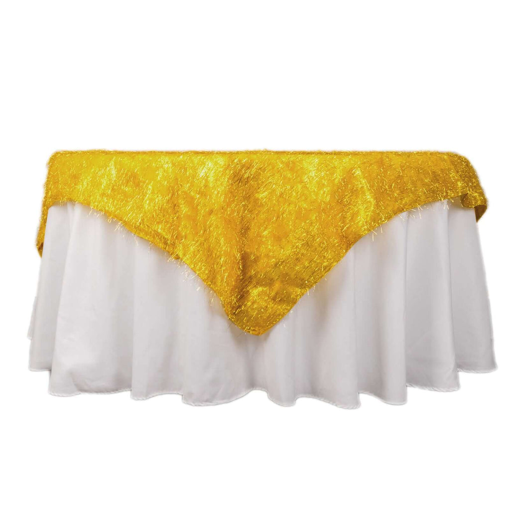 Polyester 72"x72" Table Overlay Square Tablecloth Gold - Metallic Fringe Shag Tinsel Design for Luxe Events - Bell Racket Store