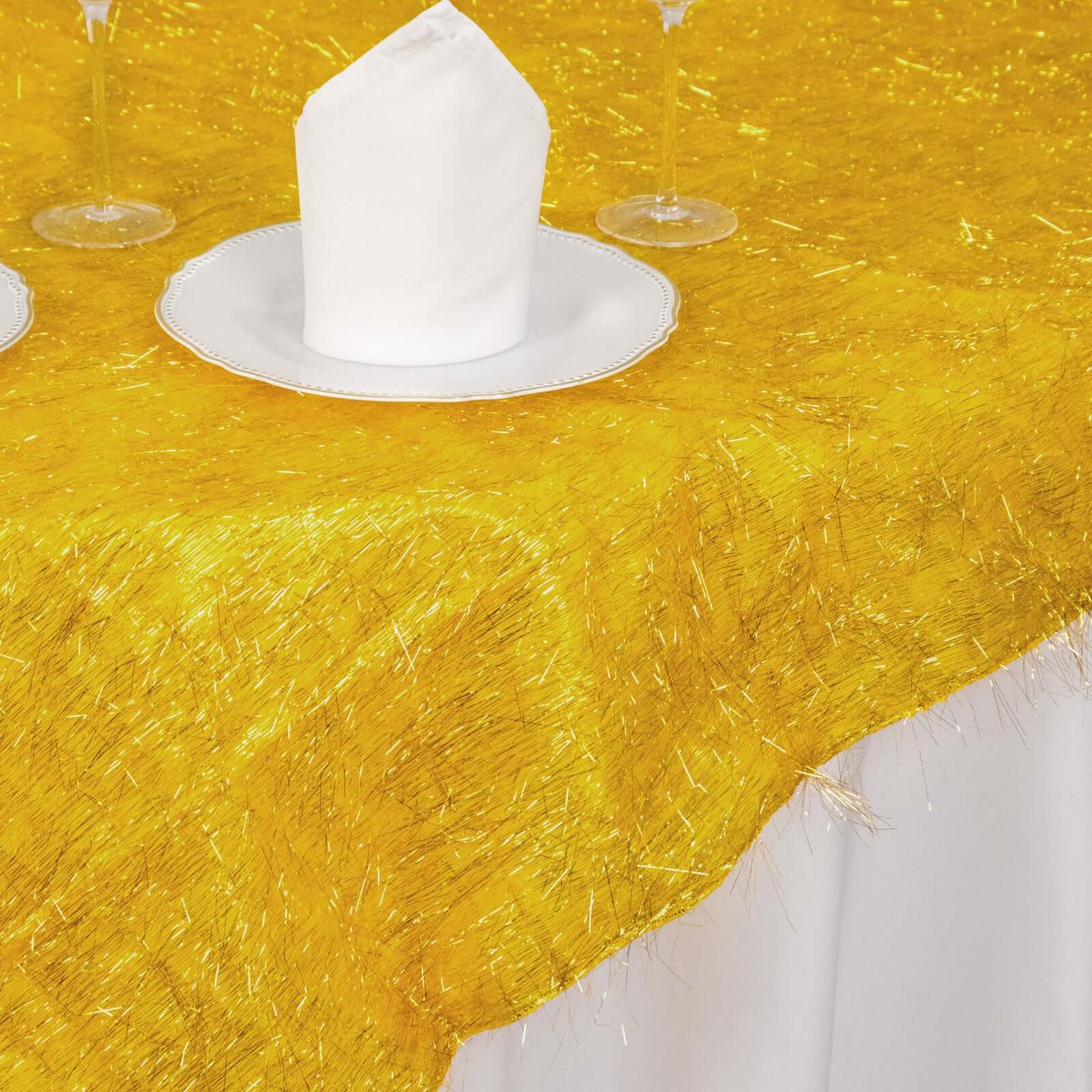Polyester 72"x72" Table Overlay Square Tablecloth Gold - Metallic Fringe Shag Tinsel Design for Luxe Events - Bell Racket Store
