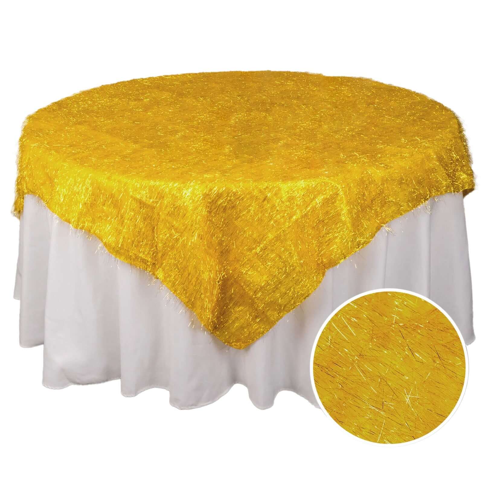 Polyester 72"x72" Table Overlay Square Tablecloth Gold - Metallic Fringe Shag Tinsel Design for Luxe Events - Bell Racket Store