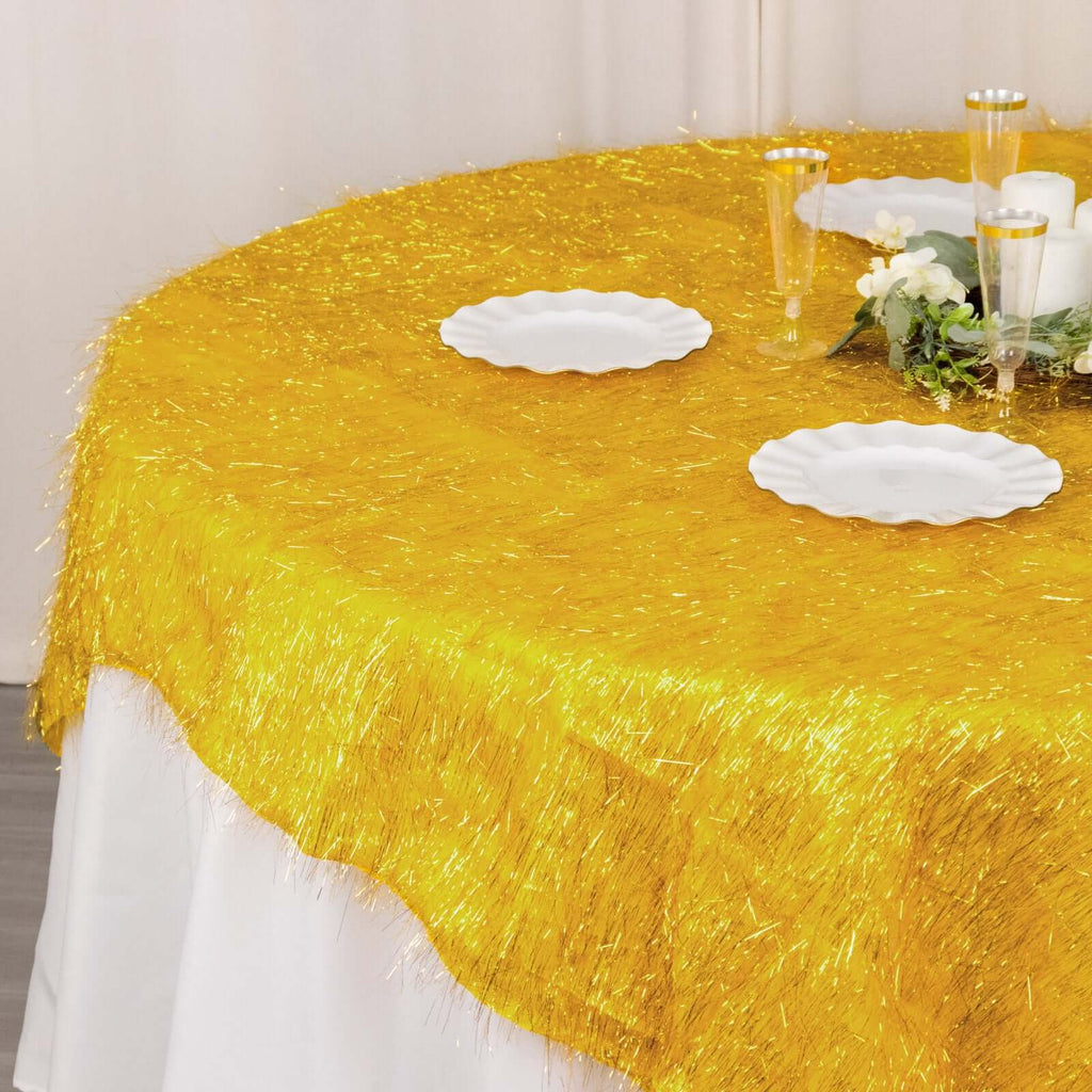 Polyester 72"x72" Table Overlay Square Tablecloth Gold - Metallic Fringe Shag Tinsel Design for Luxe Events - Bell Racket Store