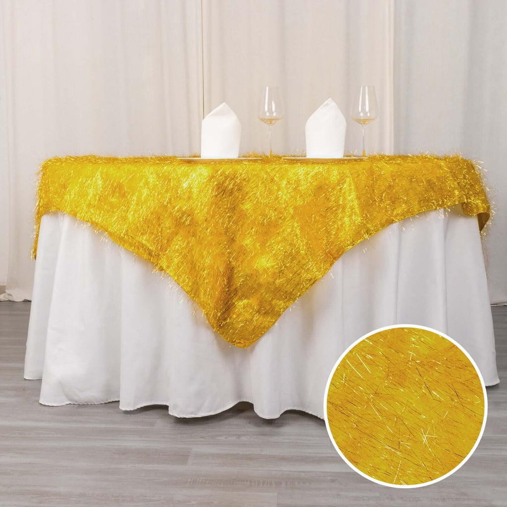 Polyester 72"x72" Table Overlay Square Tablecloth Gold - Metallic Fringe Shag Tinsel Design for Luxe Events - Bell Racket Store