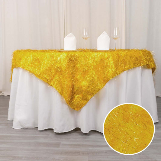 Polyester 72"x72" Table Overlay Square Tablecloth Gold - Metallic Fringe Shag Tinsel Design for Luxe Events - Bell Racket Store