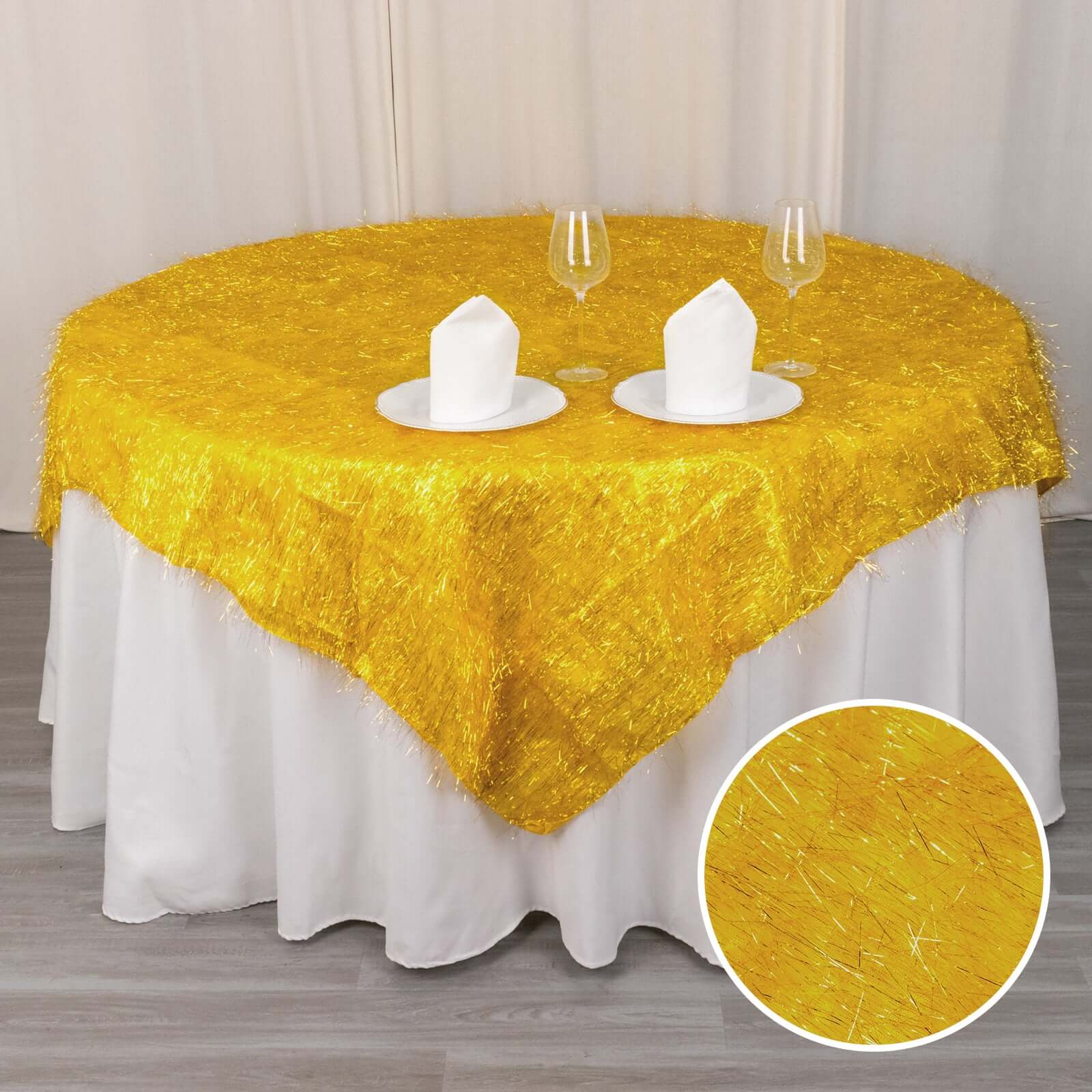 Polyester 72"x72" Table Overlay Square Tablecloth Gold - Metallic Fringe Shag Tinsel Design for Luxe Events - Bell Racket Store