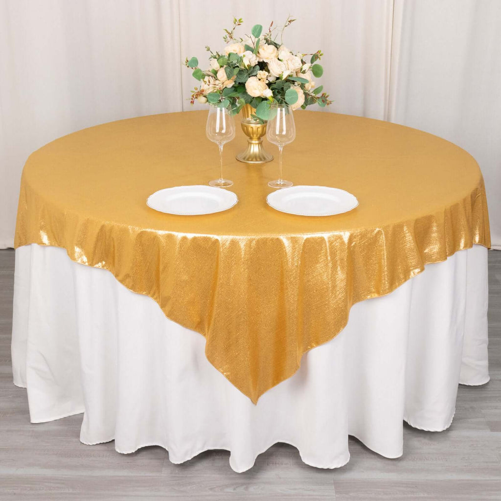 Polyester 72"x72" Table Overlay Square Tablecloth Gold Shimmer Sequin Dots Wrinkle - Free Design for Stylish Celebrations - Bell Racket Store