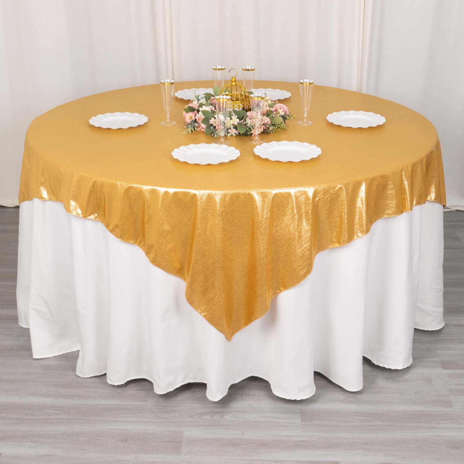 Polyester 72"x72" Table Overlay Square Tablecloth Gold Shimmer Sequin Dots Wrinkle - Free Design for Stylish Celebrations - Bell Racket Store