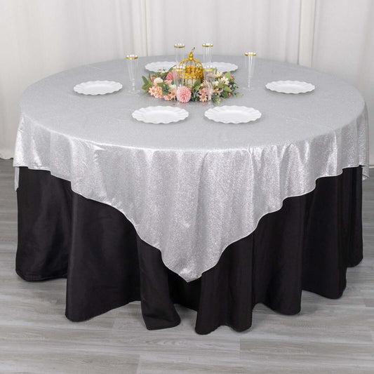 Polyester 72"x72" Table Overlay Square Tablecloth Silver - Glitter Sparkle Table Topper - Bell Racket Store