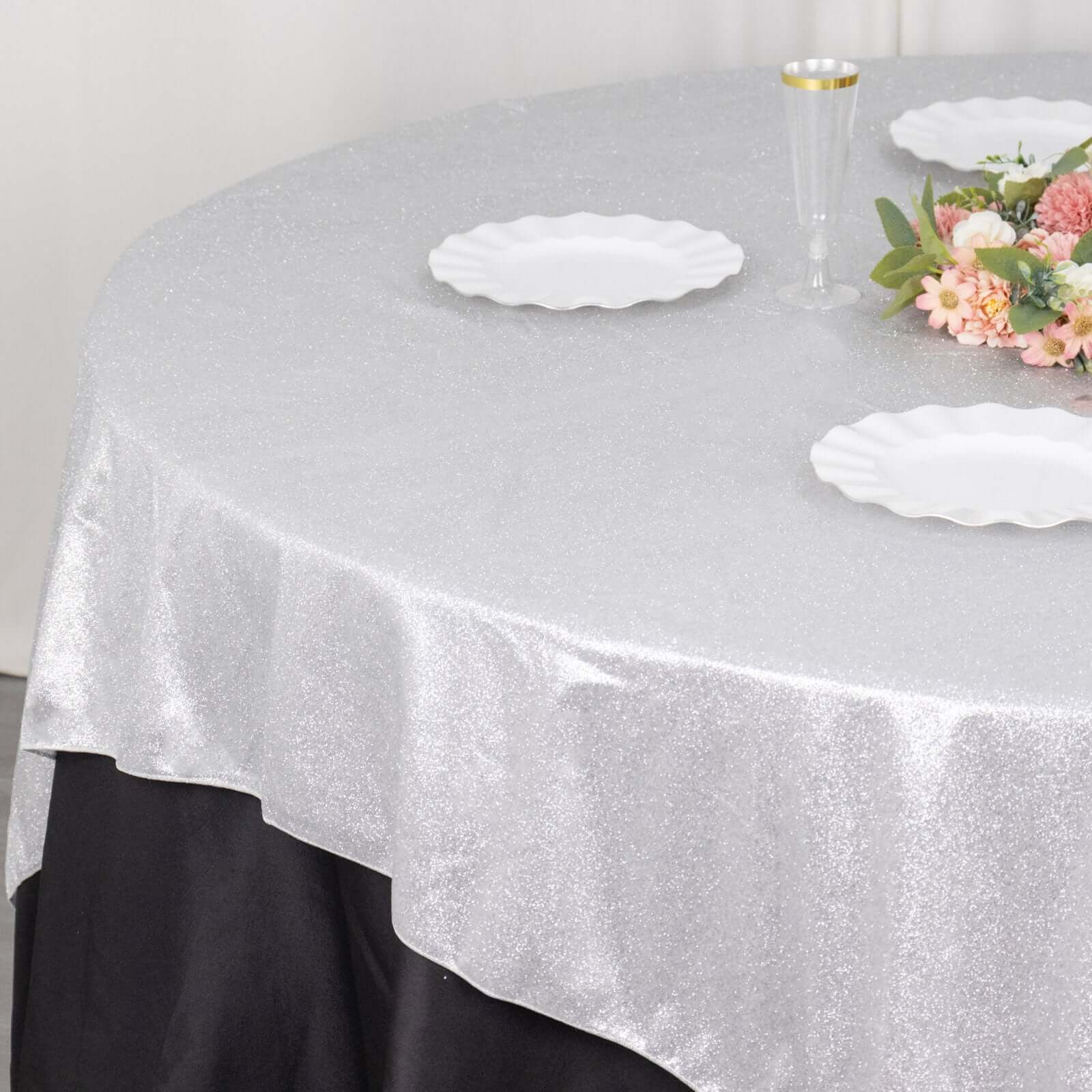 Polyester 72"x72" Table Overlay Square Tablecloth Silver - Glitter Sparkle Table Topper - Bell Racket Store