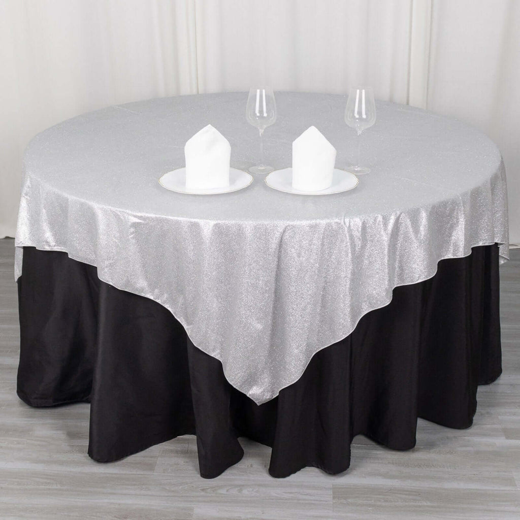 Polyester 72"x72" Table Overlay Square Tablecloth Silver - Glitter Sparkle Table Topper - Bell Racket Store