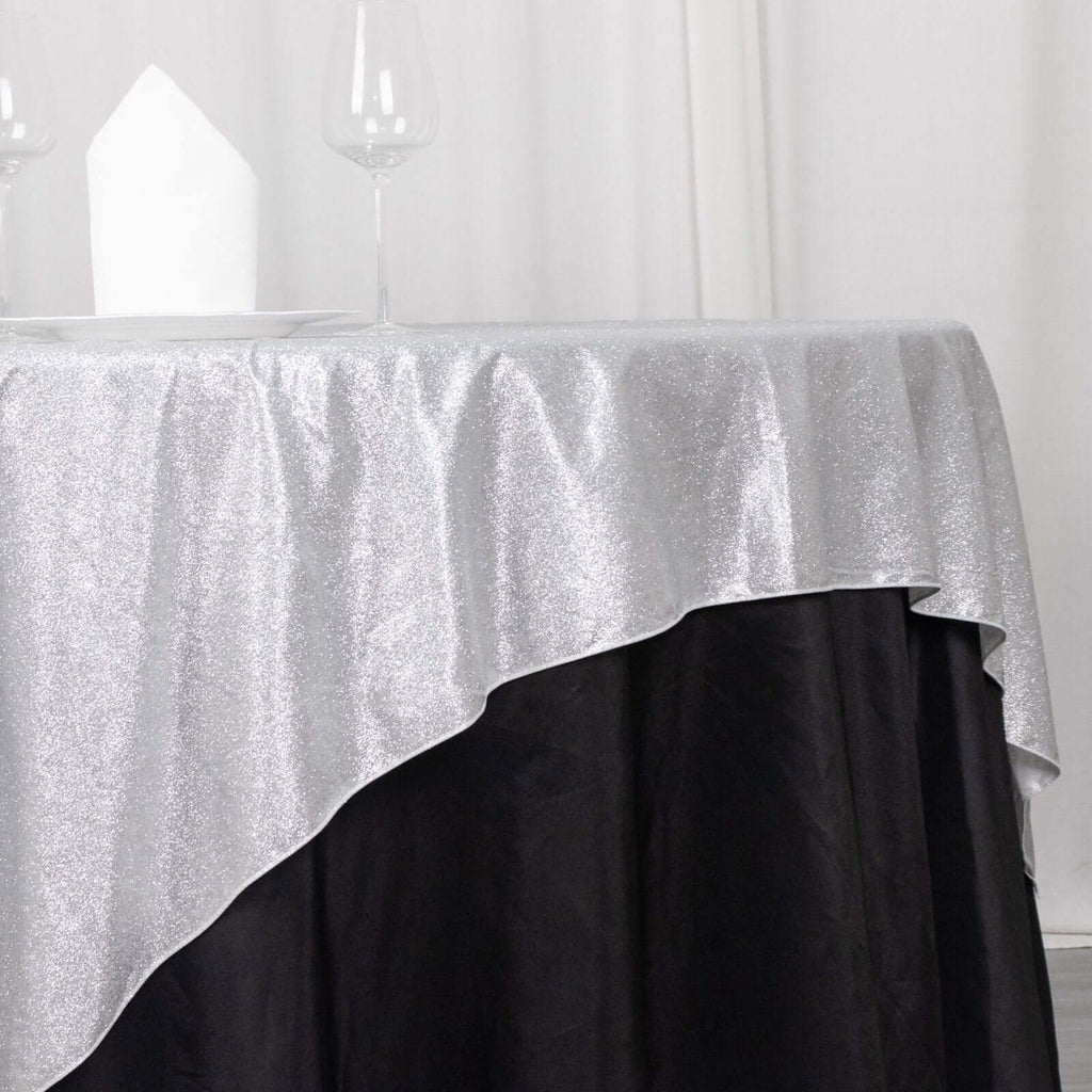 Polyester 72"x72" Table Overlay Square Tablecloth Silver - Glitter Sparkle Table Topper - Bell Racket Store