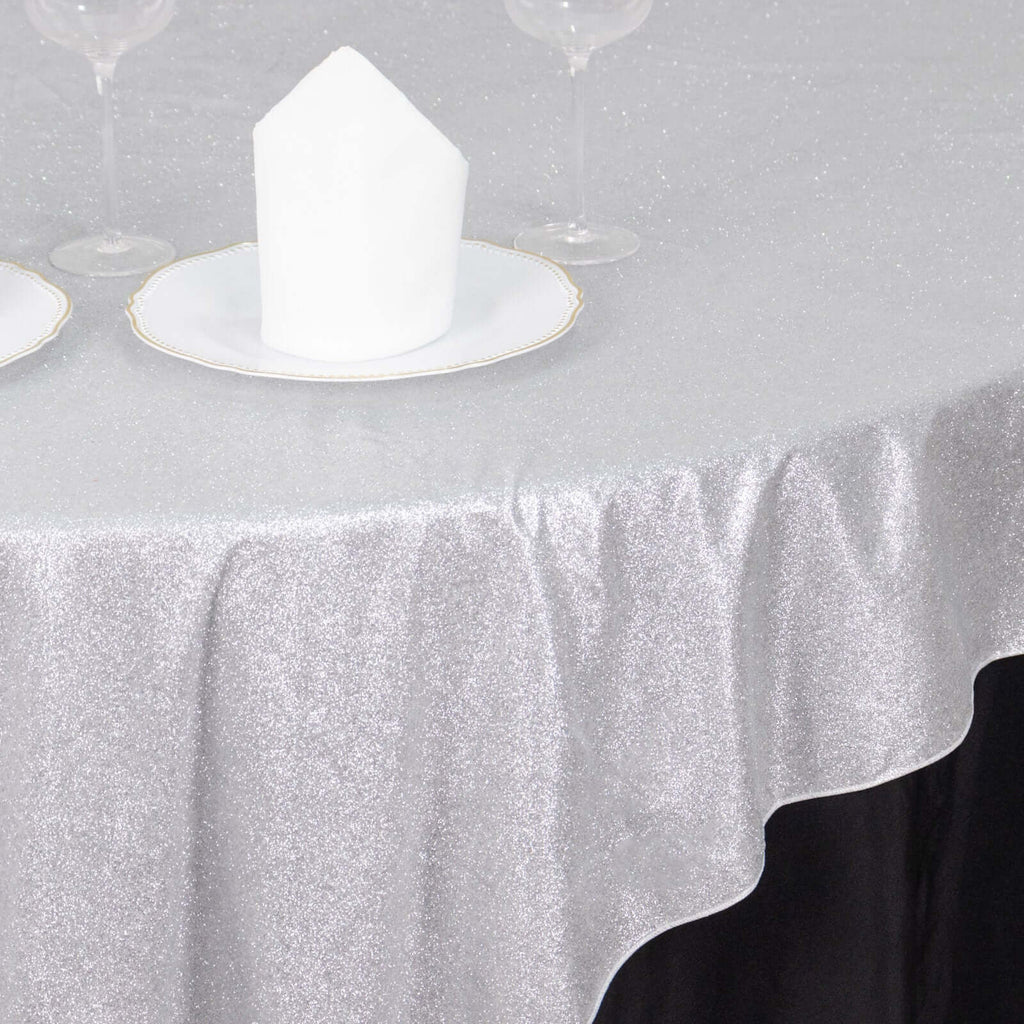 Polyester 72"x72" Table Overlay Square Tablecloth Silver - Glitter Sparkle Table Topper - Bell Racket Store