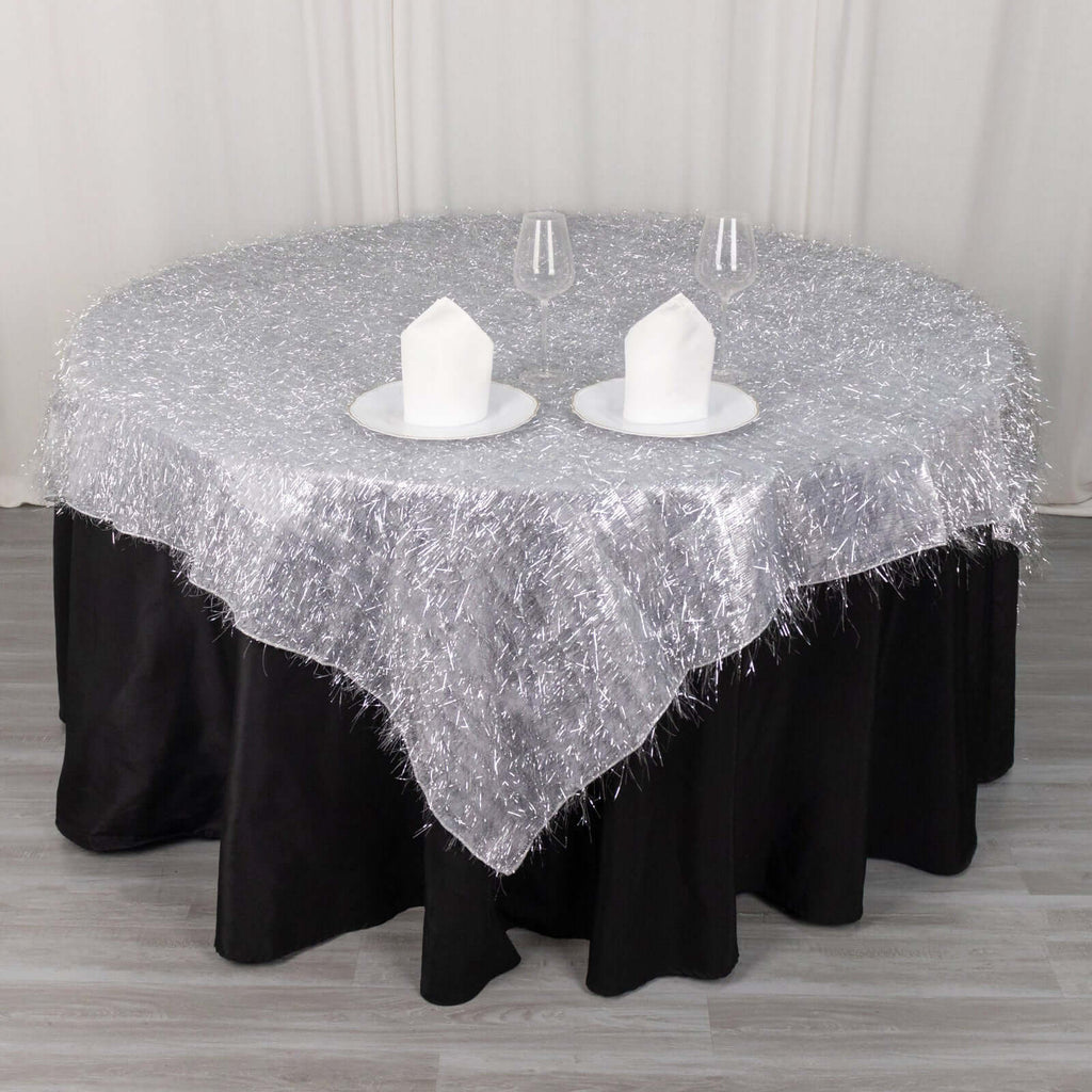 Polyester 72"x72" Table Overlay Square Tablecloth Silver - Metallic Fringe Shag Tinsel Table Cover - Bell Racket Store