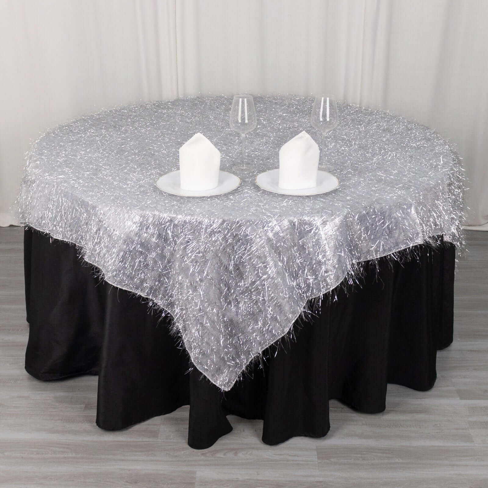 Polyester 72"x72" Table Overlay Square Tablecloth Silver - Metallic Fringe Shag Tinsel Table Cover - Bell Racket Store
