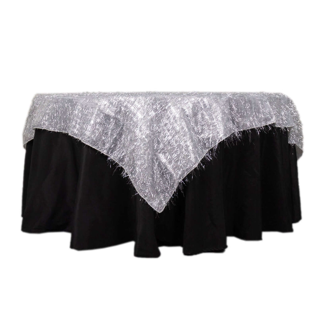 Polyester 72"x72" Table Overlay Square Tablecloth Silver - Metallic Fringe Shag Tinsel Table Cover - Bell Racket Store