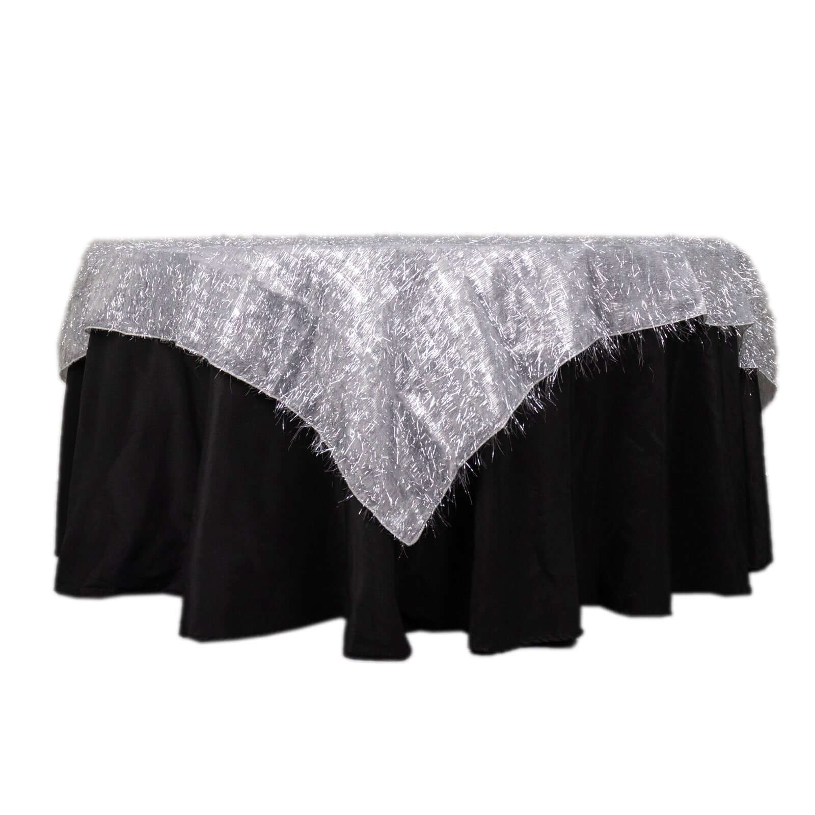 Polyester 72"x72" Table Overlay Square Tablecloth Silver - Metallic Fringe Shag Tinsel Table Cover - Bell Racket Store