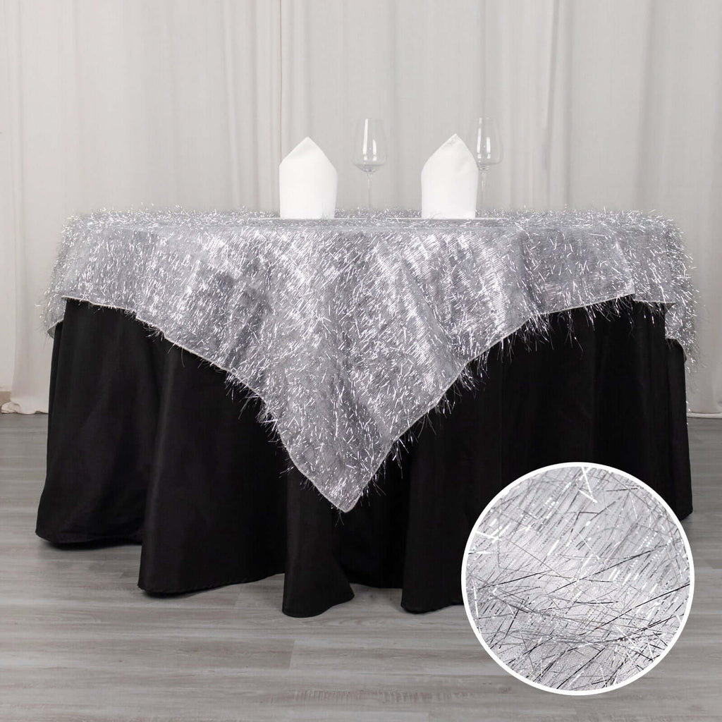 Polyester 72"x72" Table Overlay Square Tablecloth Silver - Metallic Fringe Shag Tinsel Table Cover - Bell Racket Store