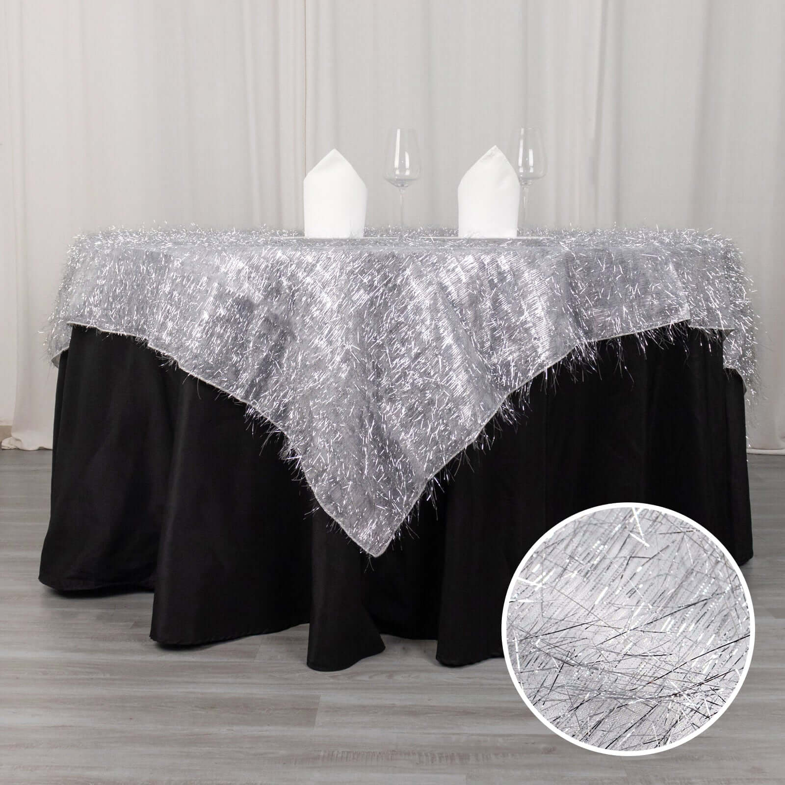 Polyester 72"x72" Table Overlay Square Tablecloth Silver - Metallic Fringe Shag Tinsel Table Cover - Bell Racket Store