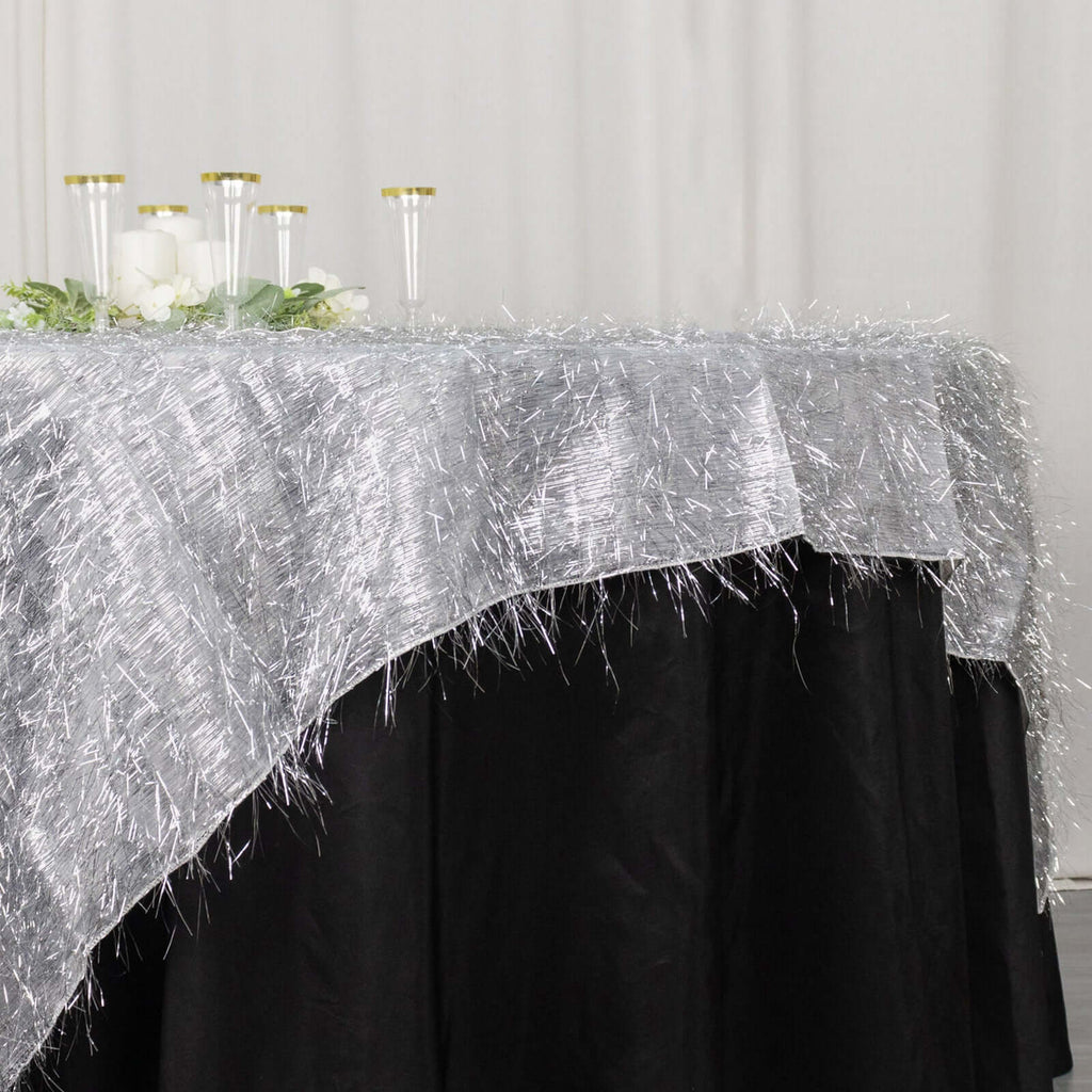 Polyester 72"x72" Table Overlay Square Tablecloth Silver - Metallic Fringe Shag Tinsel Table Cover - Bell Racket Store