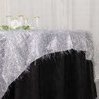 Polyester 72"x72" Table Overlay Square Tablecloth Silver - Metallic Fringe Shag Tinsel Table Cover - Bell Racket Store