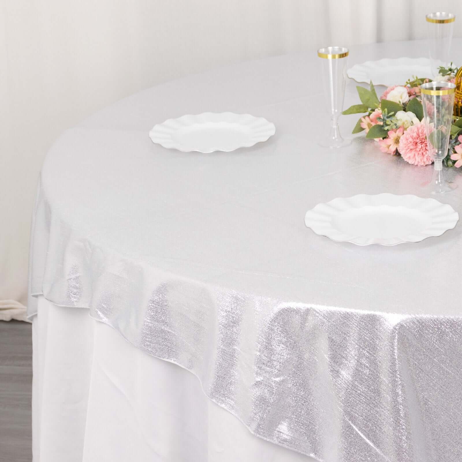 Polyester 72"x72" Table Overlay Square Tablecloth Silver - Sequin Dots Wrinkle - Free Table Cover - Bell Racket Store