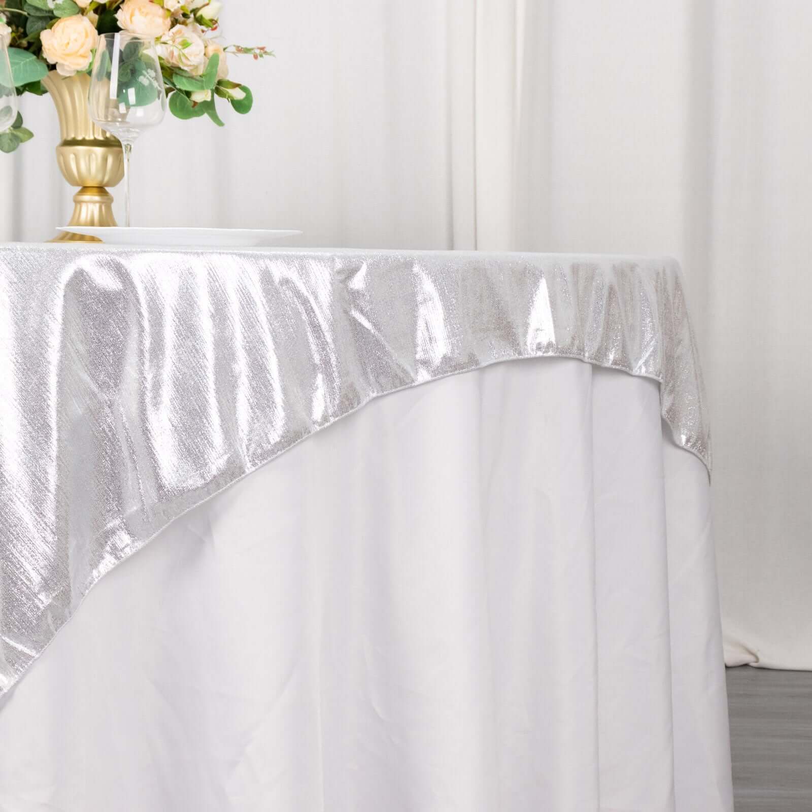 Polyester 72"x72" Table Overlay Square Tablecloth Silver - Sequin Dots Wrinkle - Free Table Cover - Bell Racket Store