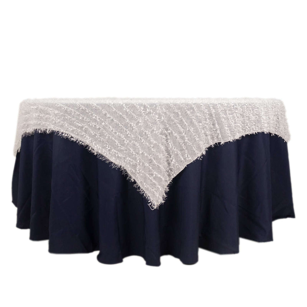 Polyester 72"x72" Table Overlay Square Tablecloth White Fringe Shag Design for Stylish Celebrations - Bell Racket Store