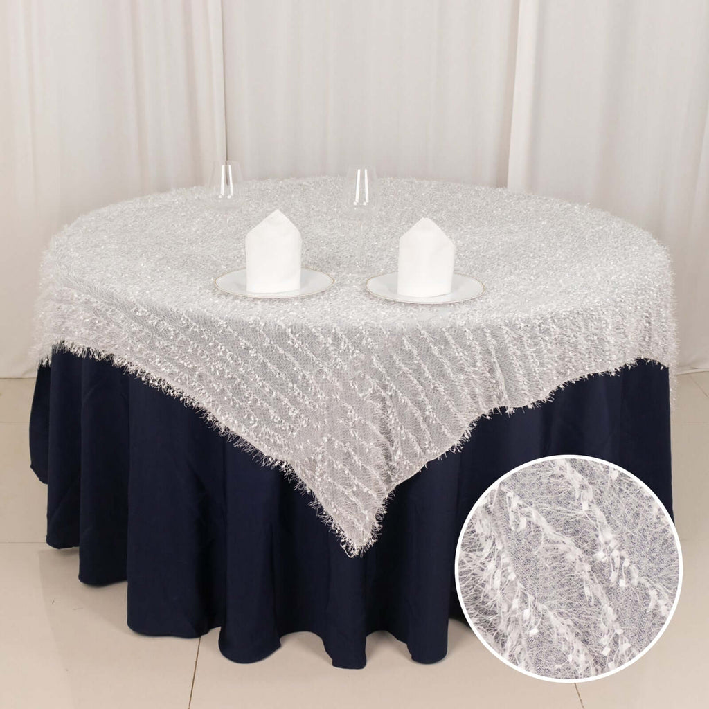 Polyester 72"x72" Table Overlay Square Tablecloth White Fringe Shag Design for Stylish Celebrations - Bell Racket Store