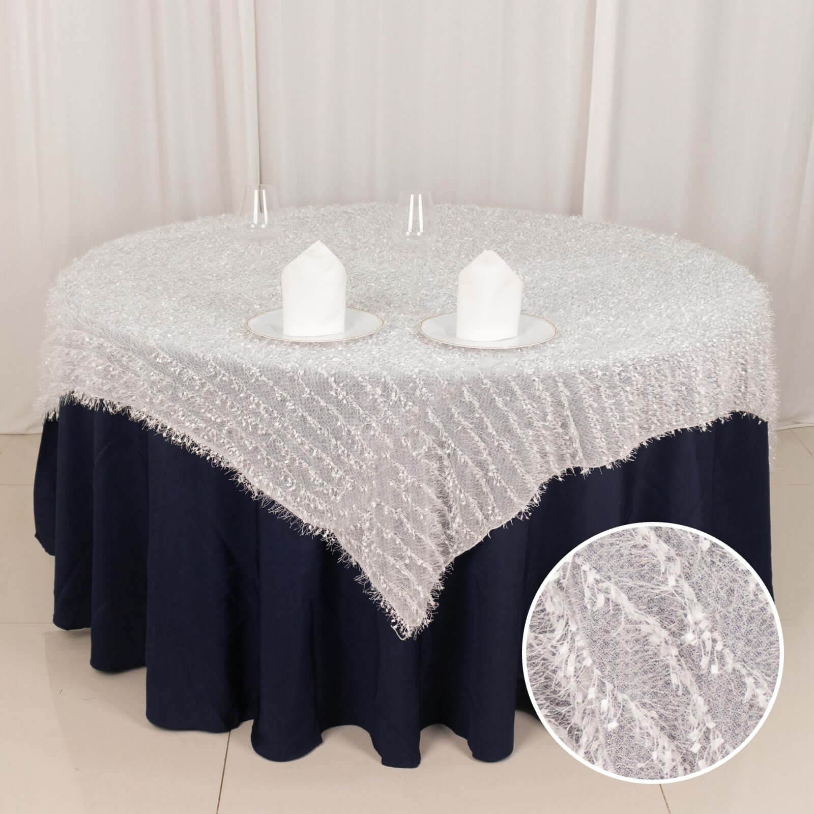 Polyester 72"x72" Table Overlay Square Tablecloth White Fringe Shag Design for Stylish Celebrations - Bell Racket Store