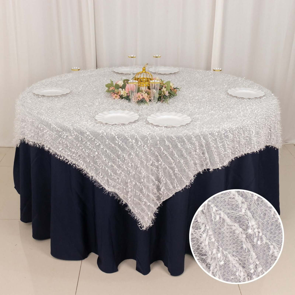 Polyester 72"x72" Table Overlay Square Tablecloth White Fringe Shag Design for Stylish Celebrations - Bell Racket Store