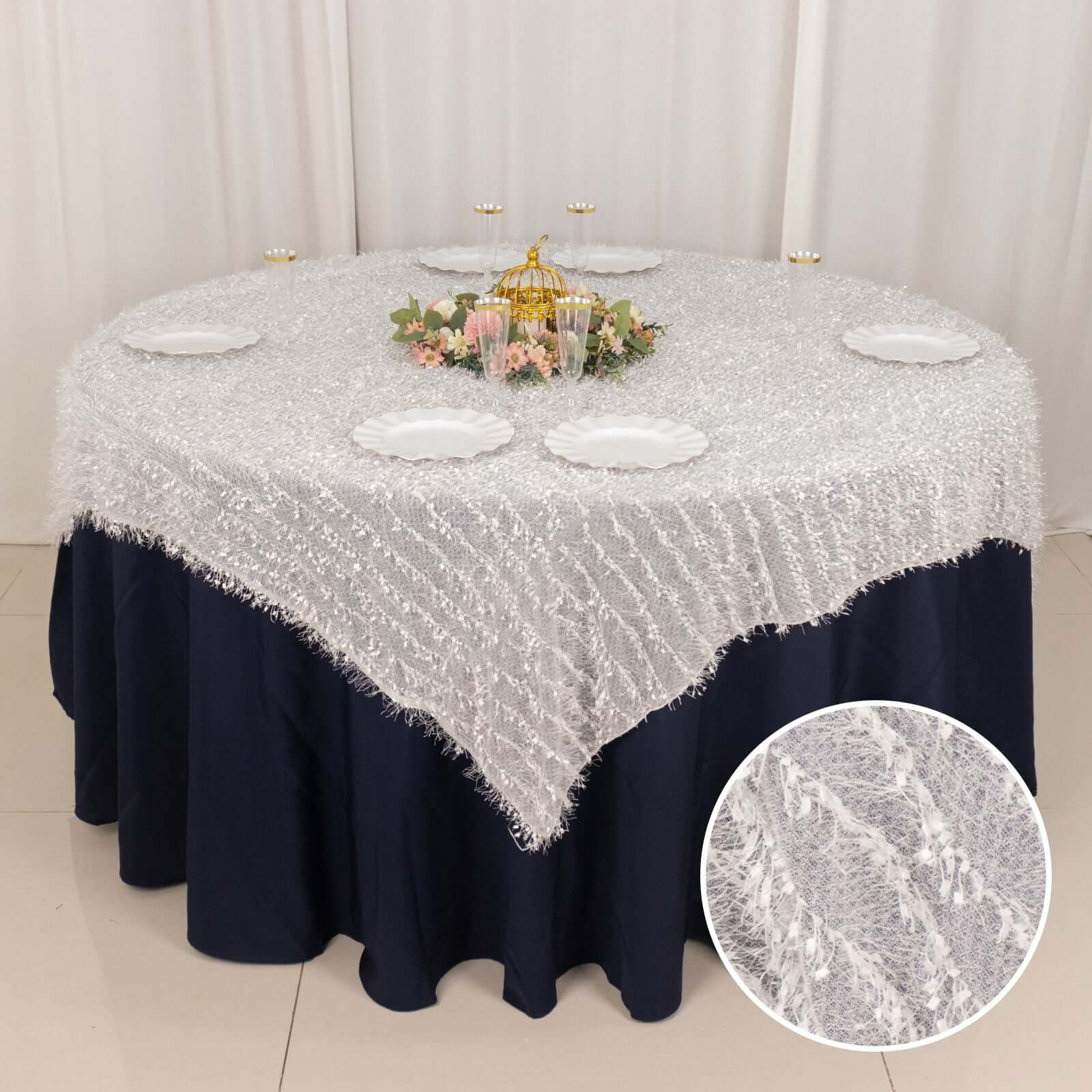 Polyester 72"x72" Table Overlay Square Tablecloth White Fringe Shag Design for Stylish Celebrations - Bell Racket Store
