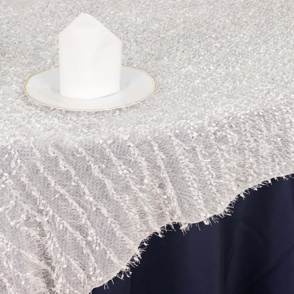 Polyester 72"x72" Table Overlay Square Tablecloth White Fringe Shag Design for Stylish Celebrations - Bell Racket Store