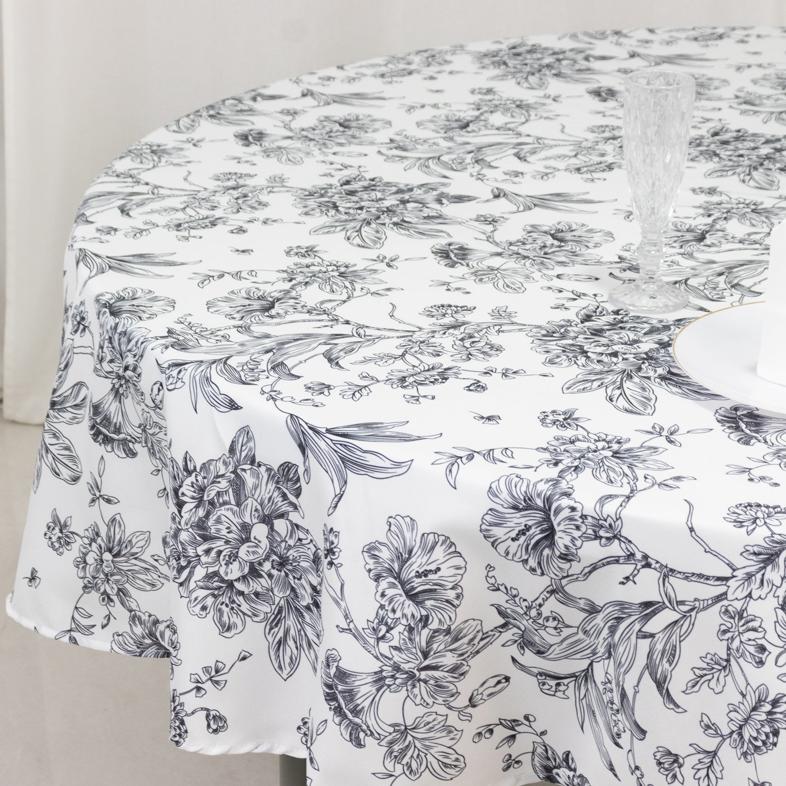 Polyester 90" Round Tablecloth White - Black French Toile Pattern for Chic Weddings - Bell Racket Store