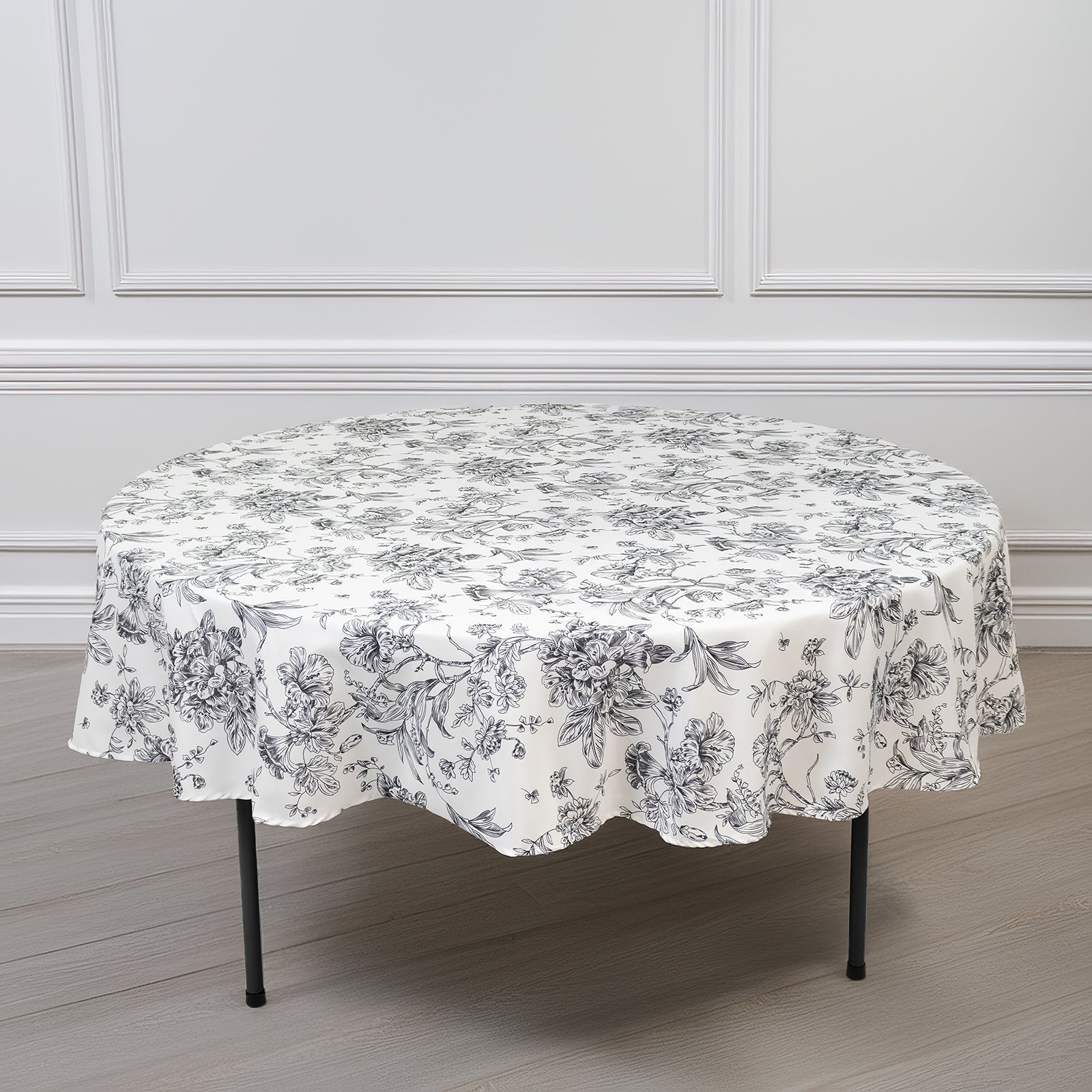 Polyester 90" Round Tablecloth White - Black French Toile Pattern for Chic Weddings - Bell Racket Store