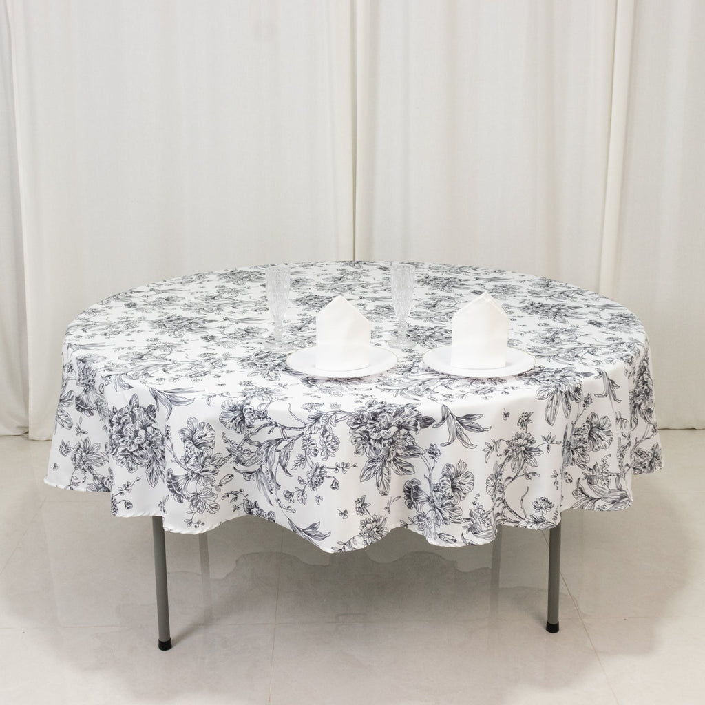 Polyester 90" Round Tablecloth White - Black French Toile Pattern for Chic Weddings - Bell Racket Store