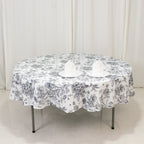 Polyester 90" Round Tablecloth White - Black French Toile Pattern for Chic Weddings - Bell Racket Store