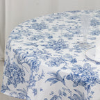 Polyester 90" Round Tablecloth White - Blue French Toile Pattern for Chic Weddings - Bell Racket Store