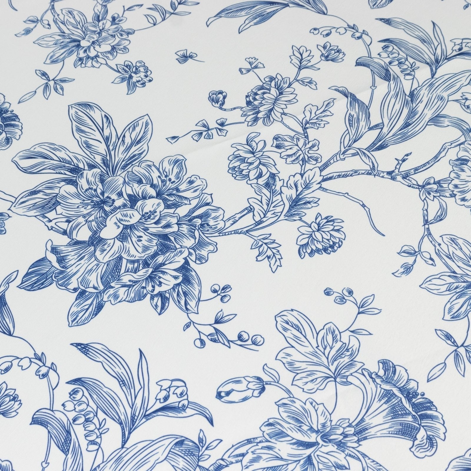 Polyester 90" Round Tablecloth White - Blue French Toile Pattern for Chic Weddings - Bell Racket Store