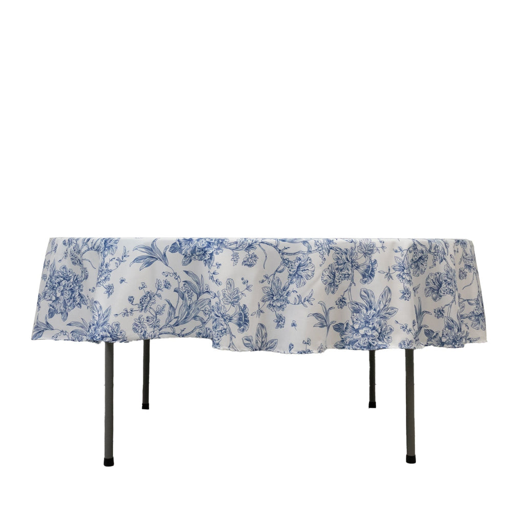 Polyester 90" Round Tablecloth White - Blue French Toile Pattern for Chic Weddings - Bell Racket Store