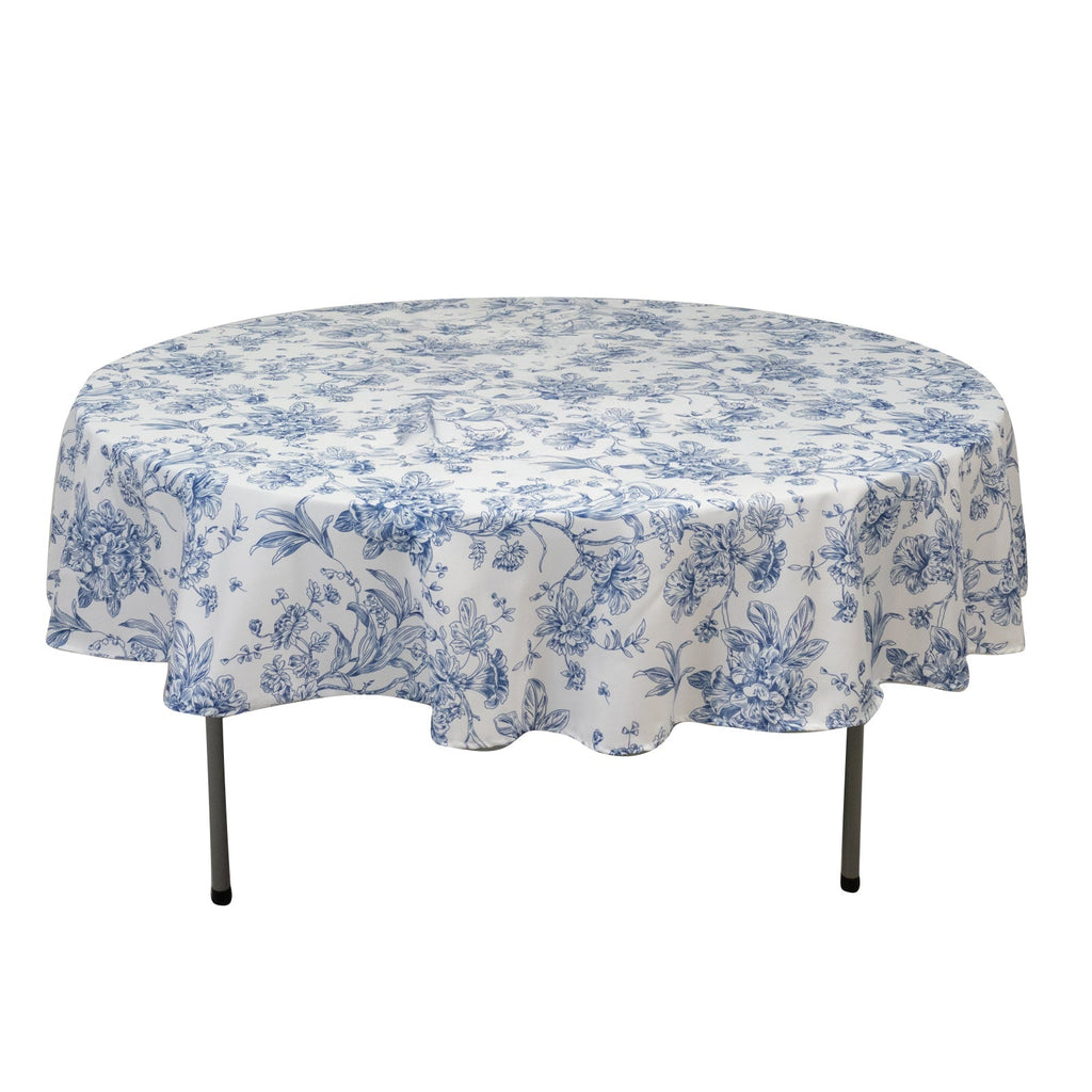 Polyester 90" Round Tablecloth White - Blue French Toile Pattern for Chic Weddings - Bell Racket Store