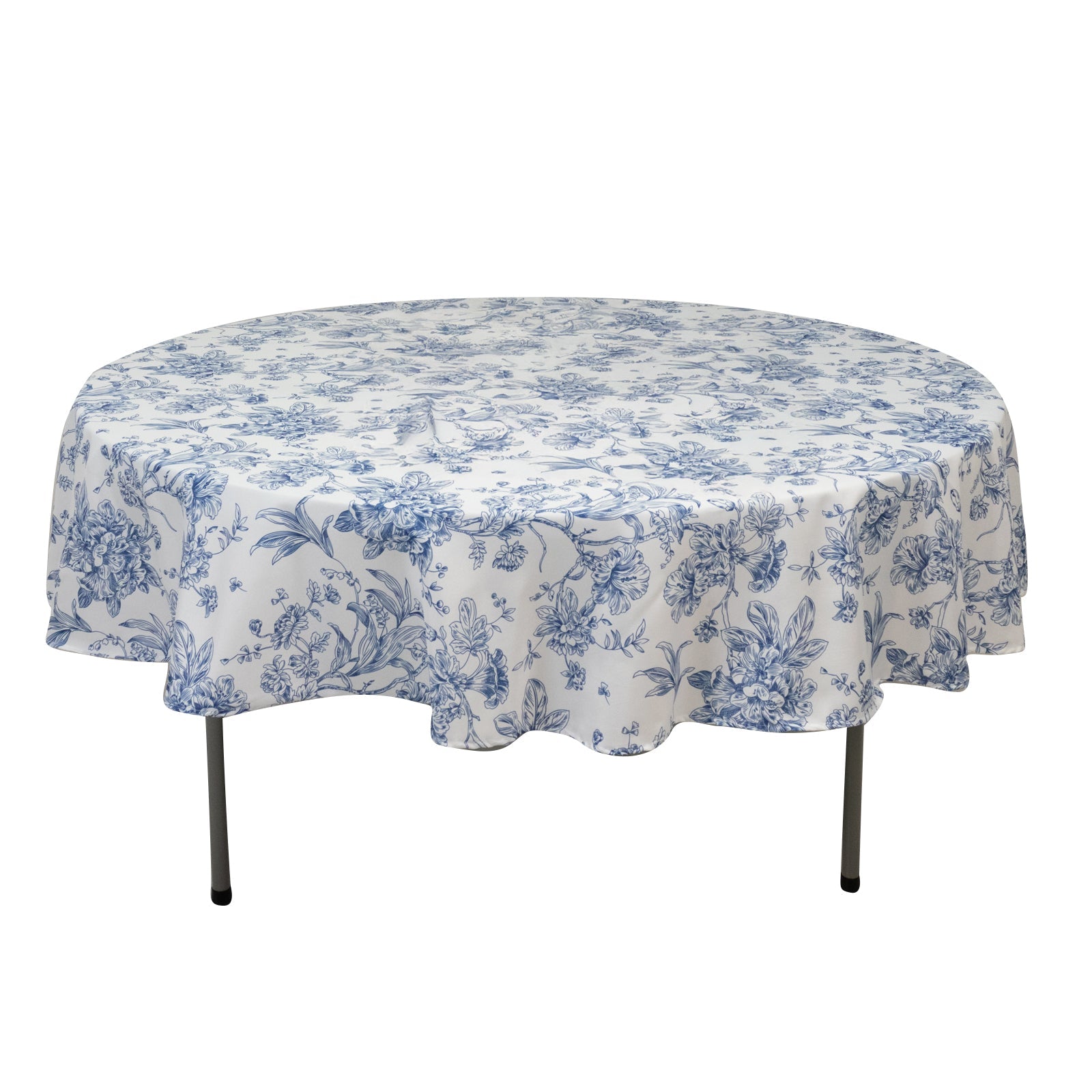 Polyester 90" Round Tablecloth White - Blue French Toile Pattern for Chic Weddings - Bell Racket Store