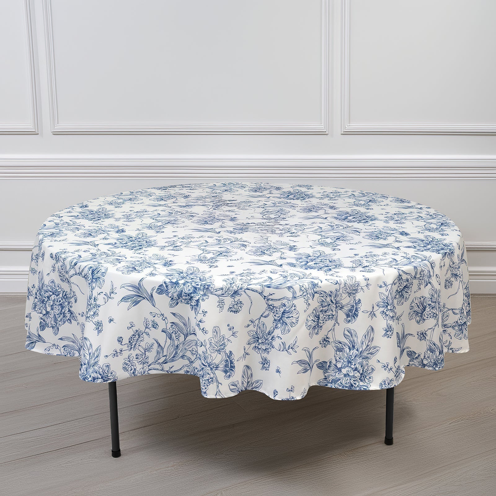 Polyester 90" Round Tablecloth White - Blue French Toile Pattern for Chic Weddings - Bell Racket Store