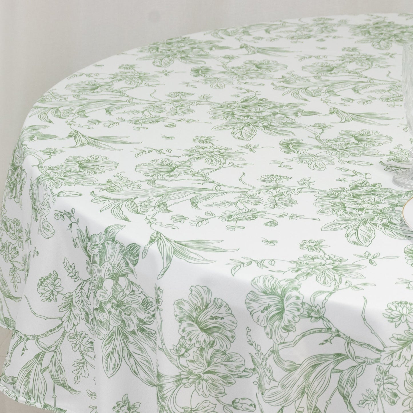 Polyester 90" Round Tablecloth White - Dusty Sage Green French Toile Pattern for Chic Weddings - Bell Racket Store