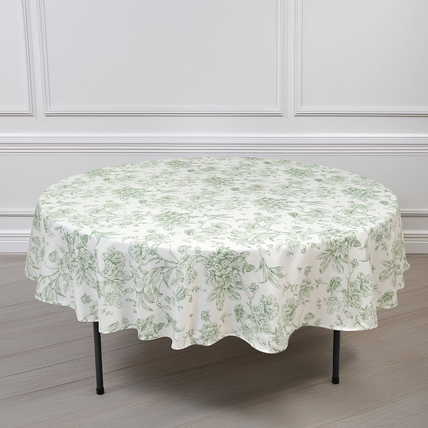 Polyester 90" Round Tablecloth White - Dusty Sage Green French Toile Pattern for Chic Weddings - Bell Racket Store