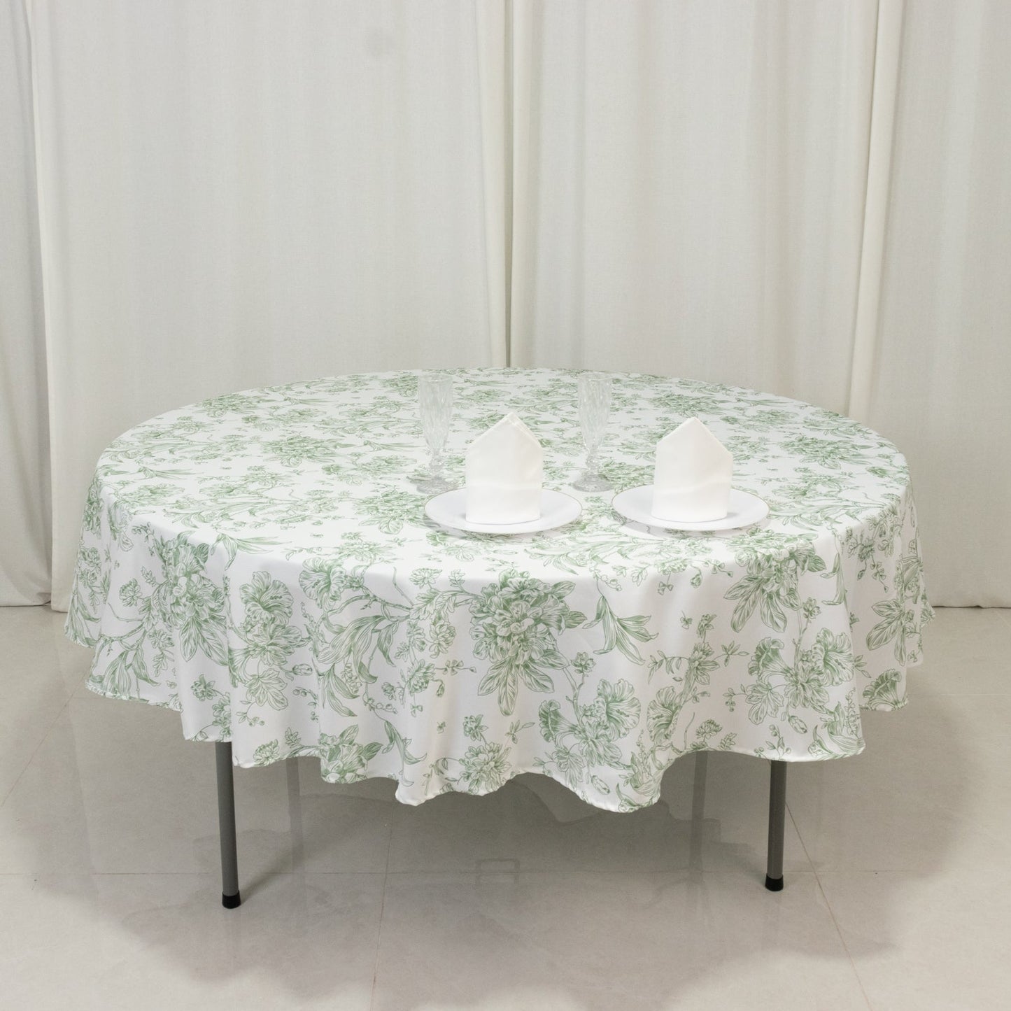 Polyester 90" Round Tablecloth White - Dusty Sage Green French Toile Pattern for Chic Weddings - Bell Racket Store