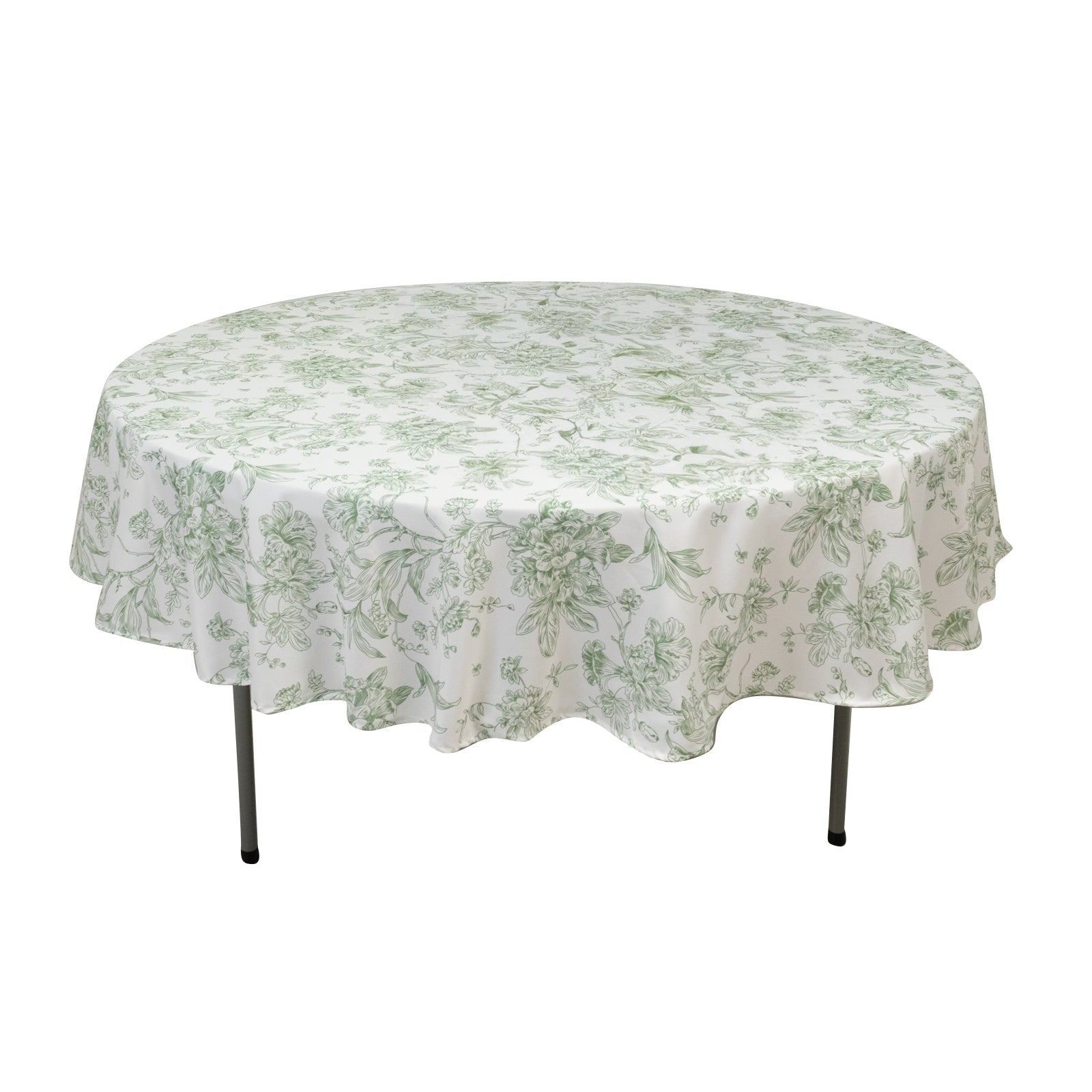 Polyester 90" Round Tablecloth White - Dusty Sage Green French Toile Pattern for Chic Weddings - Bell Racket Store