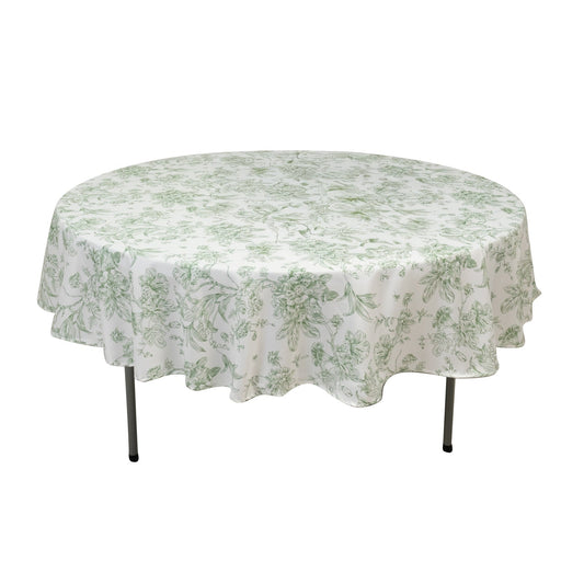 Polyester 90" Round Tablecloth White - Dusty Sage Green French Toile Pattern for Chic Weddings - Bell Racket Store