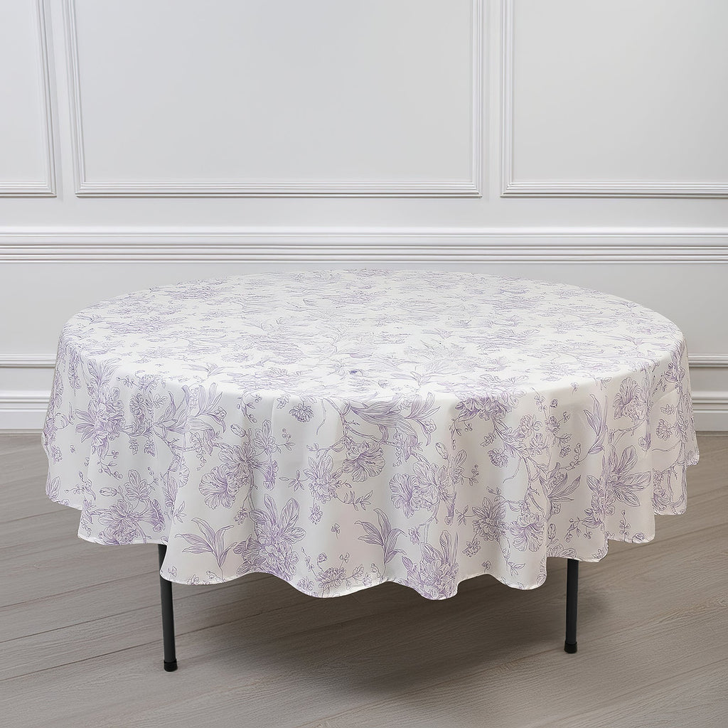 Polyester 90" Round Tablecloth White - Lavender Lilac French Toile Pattern for Chic Weddings - Bell Racket Store