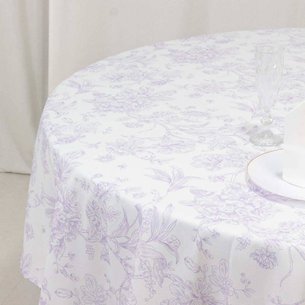Polyester 90" Round Tablecloth White - Lavender Lilac French Toile Pattern for Chic Weddings - Bell Racket Store