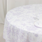 Polyester 90" Round Tablecloth White - Lavender Lilac French Toile Pattern for Chic Weddings - Bell Racket Store
